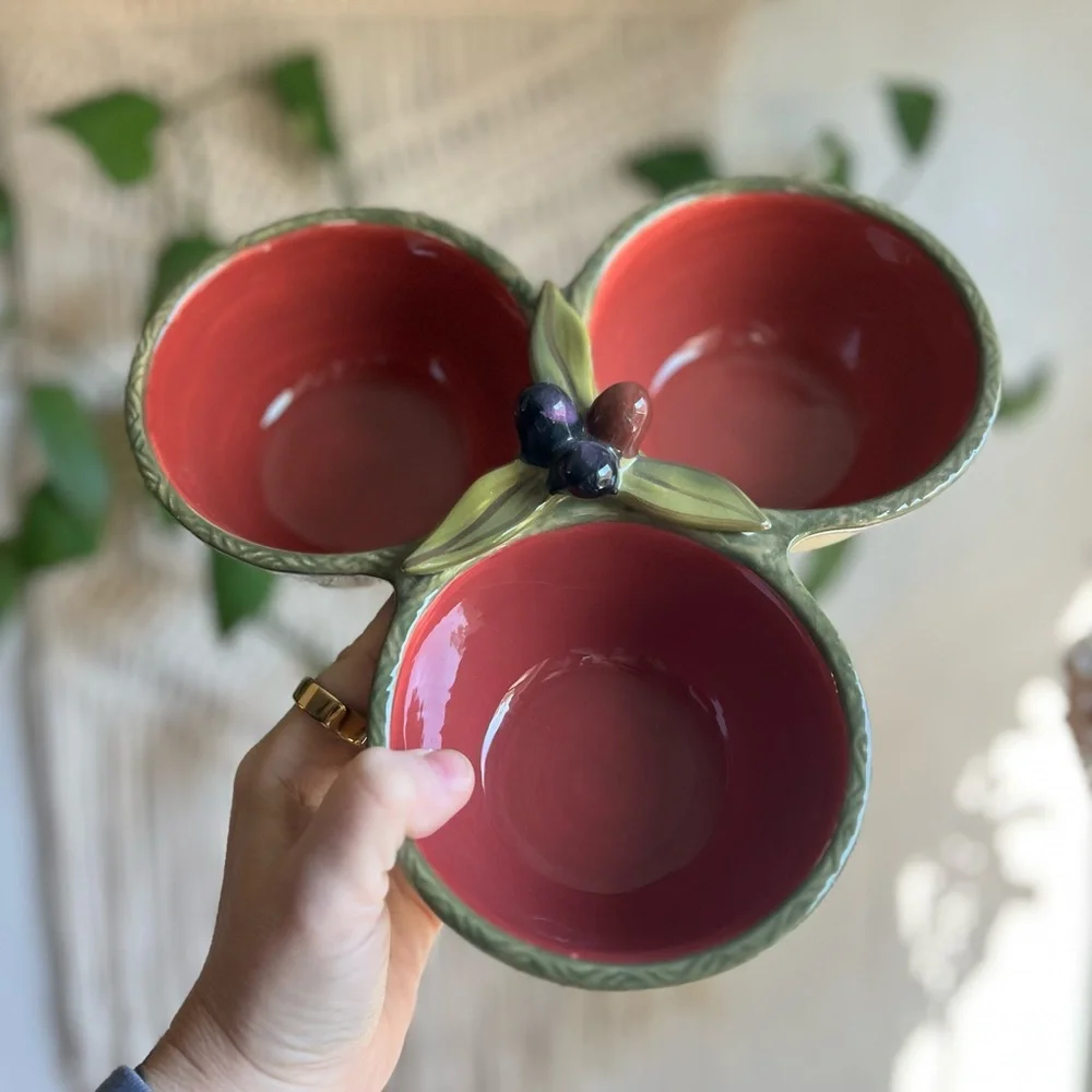 Clay Art Olive Triple Bowl Serving Dish Italian Style 3-Section Ceramic Tapas